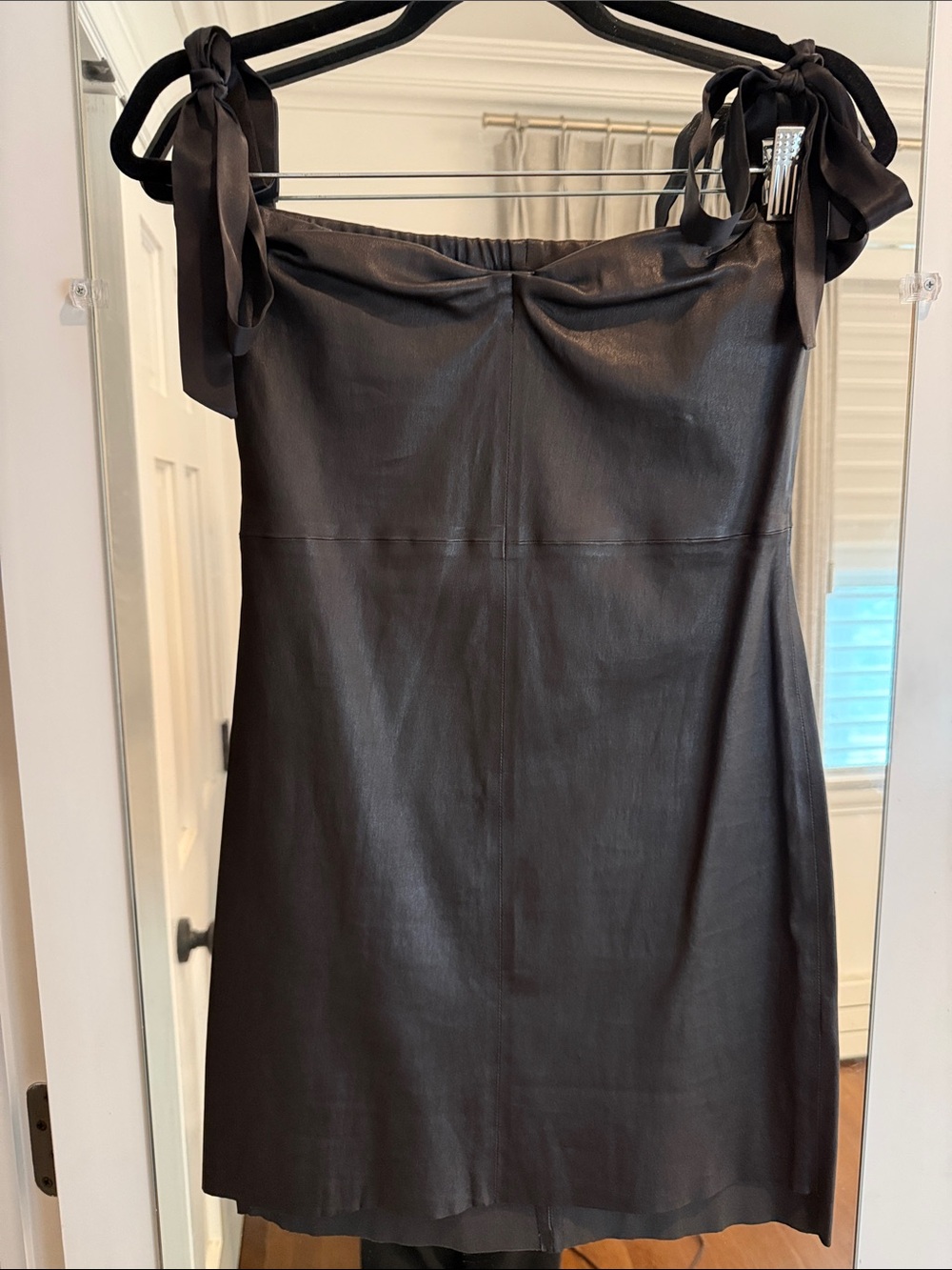 RtA Genuine Leather Black Off-the-Shoulder Mini Dress with Tie Sleeves